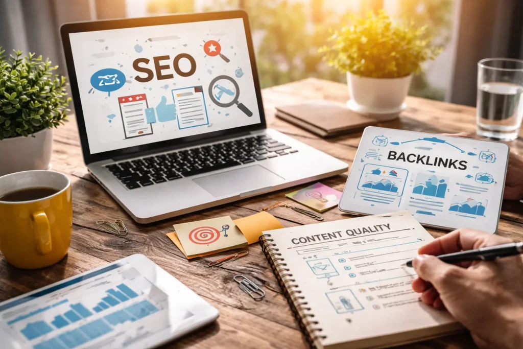 SEO workspace with backlinks strategy planning