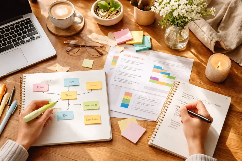Organized workspace with structured notes planning