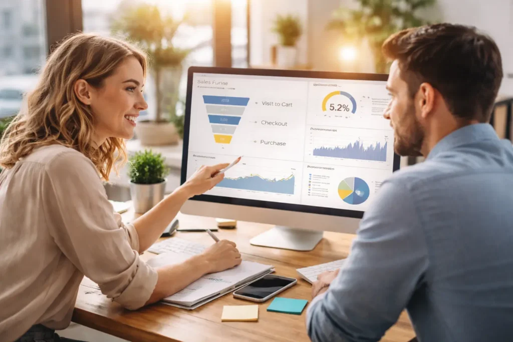 Team analyzing website conversion metrics dashboard