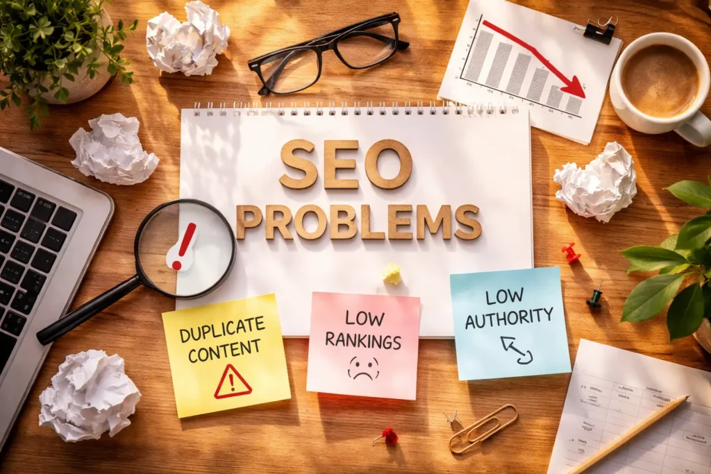 SEO challenges workspace with notes, coffee