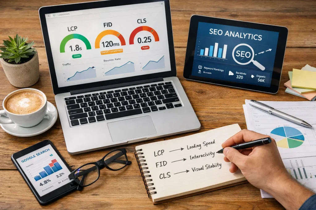 Website performance metrics dashboard on laptop