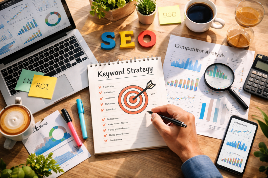 SEO keyword research and competitor analysis desk