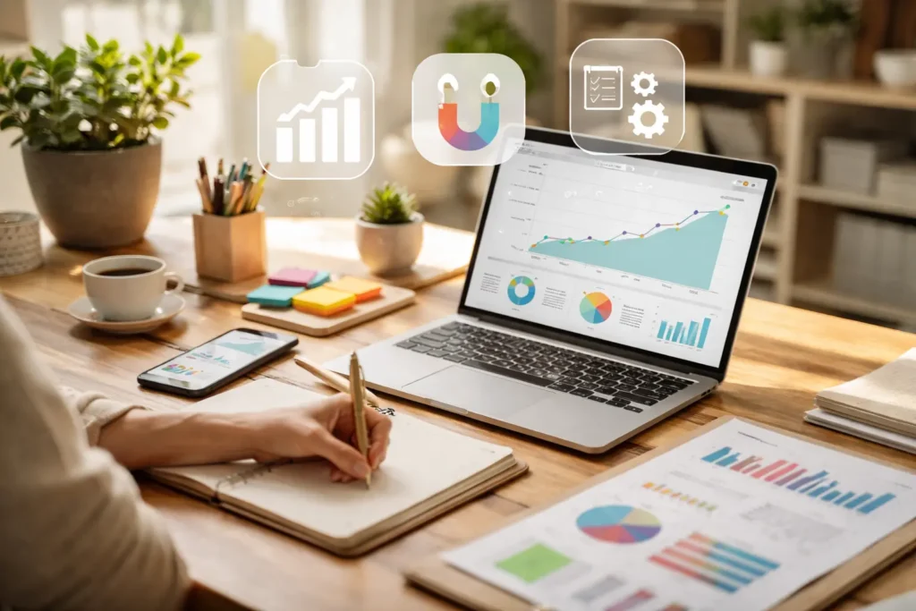 SEO analytics growth on workspace desk