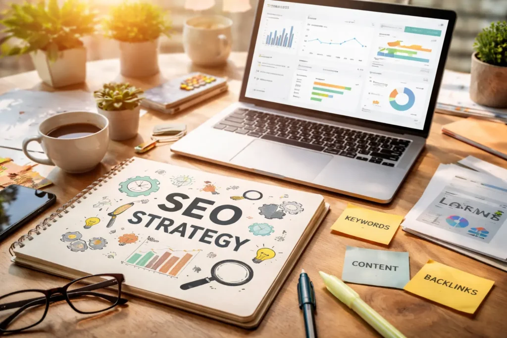 SEO analytics workspace with keyword strategy notes