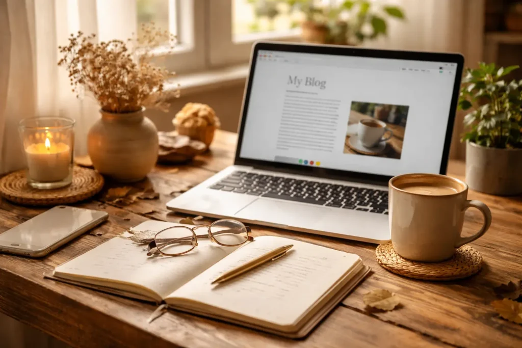 Cozy blogging workspace with laptop and coffee