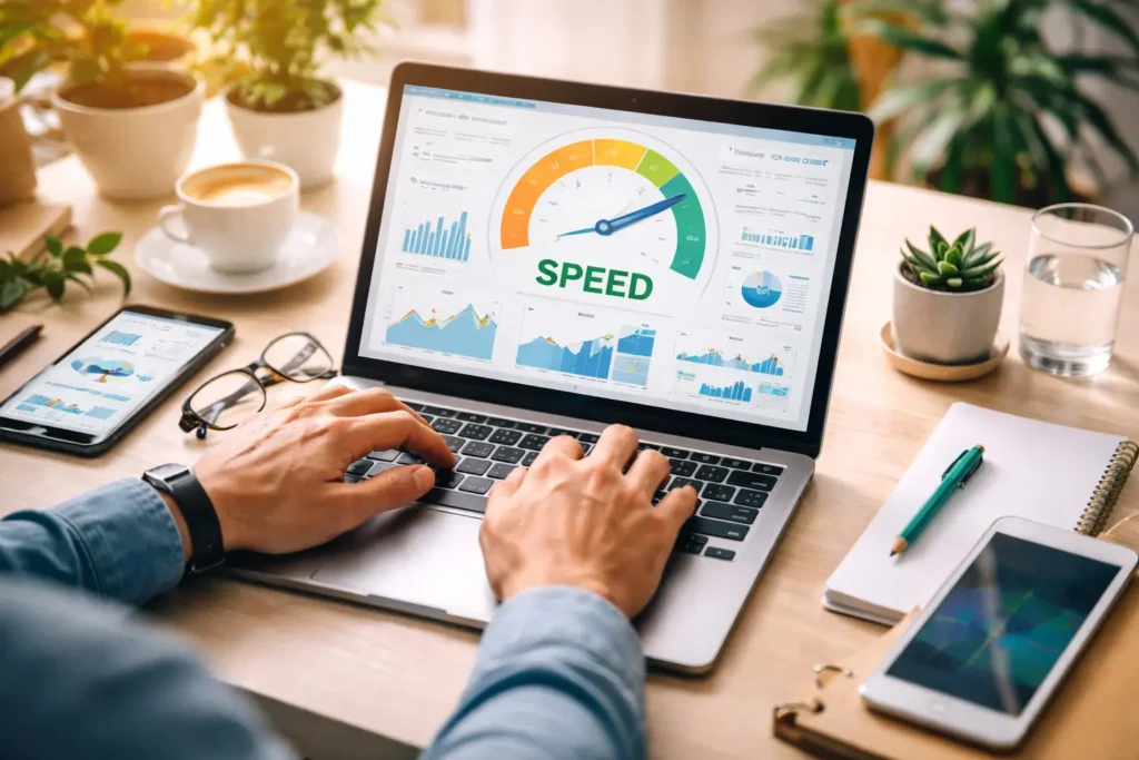 Laptop showing website speed metrics analysis.