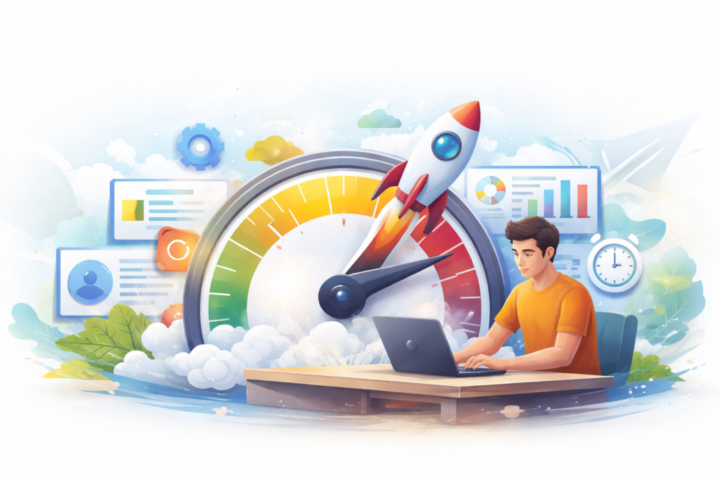 Website speed optimization concept with rocket