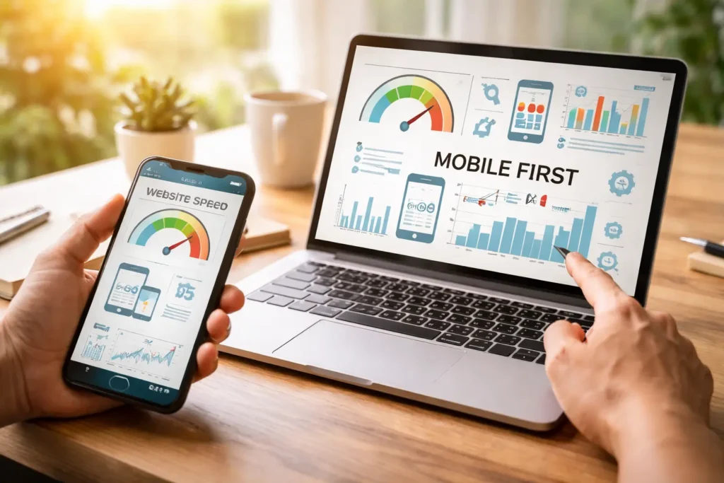 "Mobile-First Indexing and Speed"
you give me related picture using this line in picture but not more writing using or give me a landscape pictrure or give me a picture naturally visuals post not looks generic or looks ai ok or using best colours in picture light colour not ai only natural feel or in best visuals only 1 image looks only realistic only in image