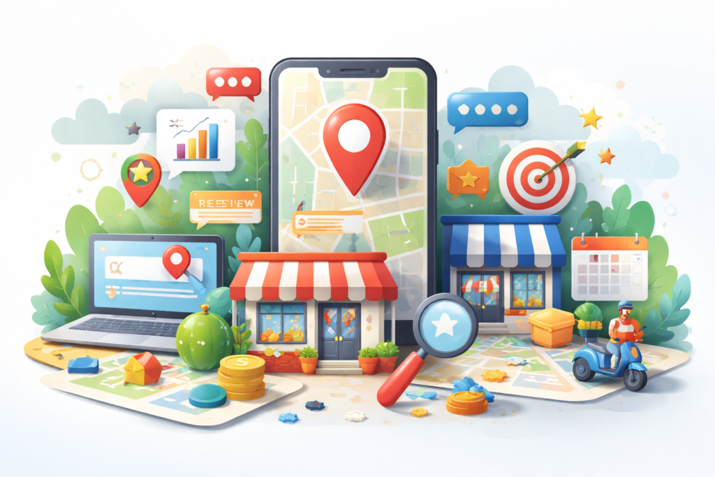 Local search engine optimization concept with map and business profile