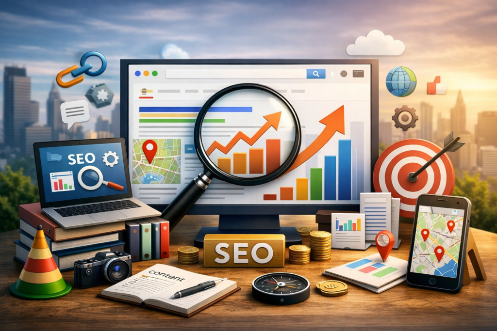 Website analytics and keyword optimization representing traditional SEO