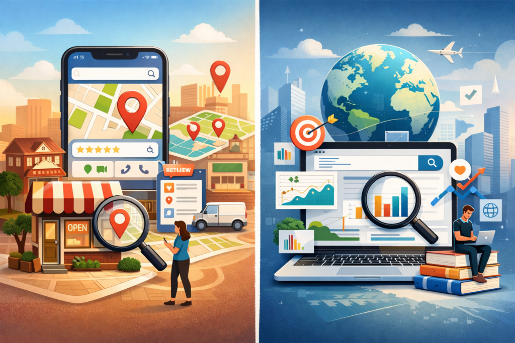 Local SEO vs traditional SEO concept with map results and website rankings