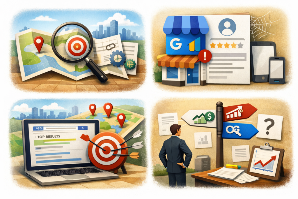 Business website optimization concept showing typical SEO mistakes