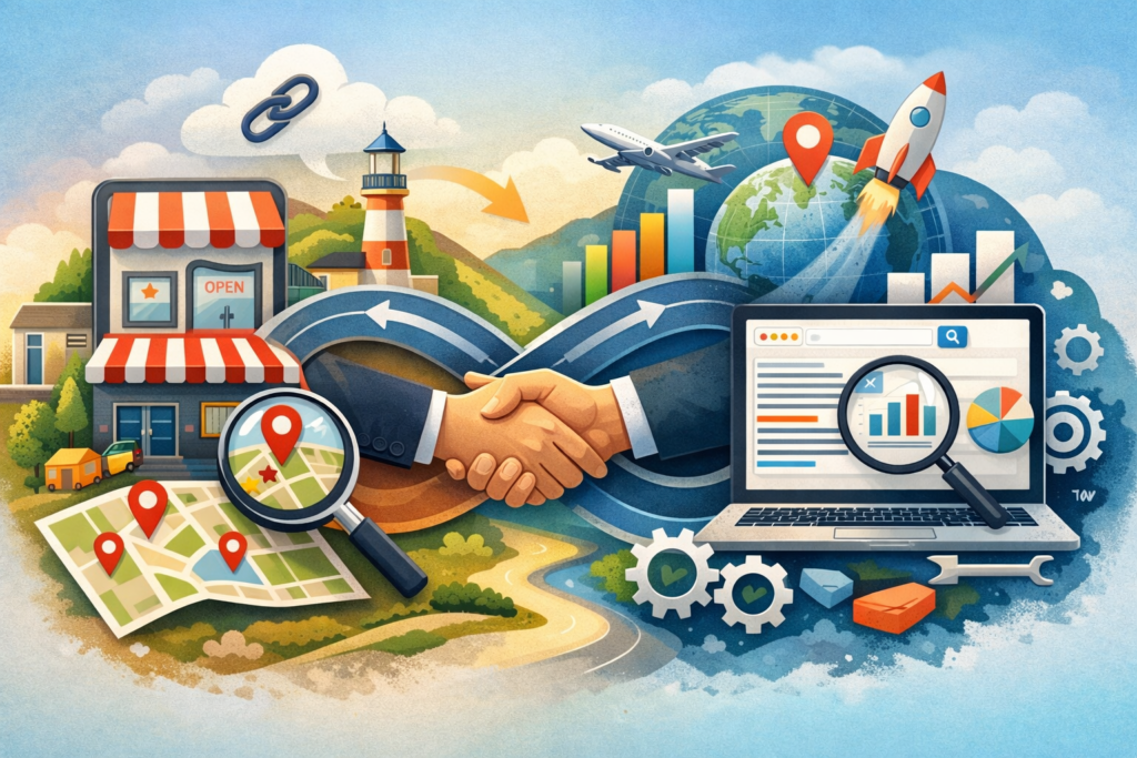 Digital marketing visual showing local and traditional SEO integration