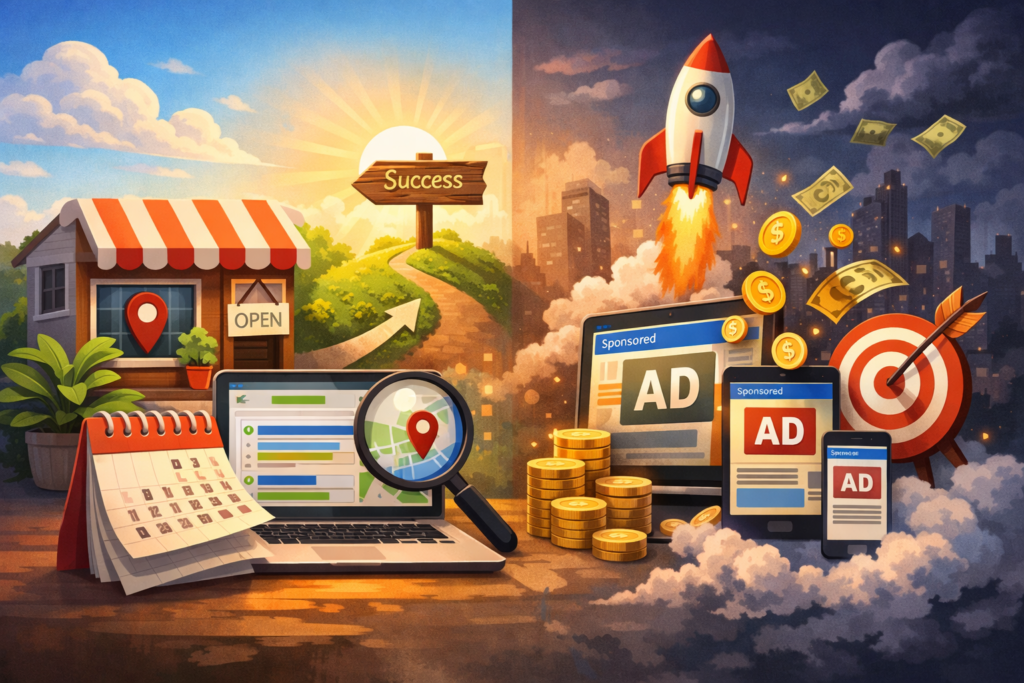 “Local SEO and paid advertising timeline comparison”