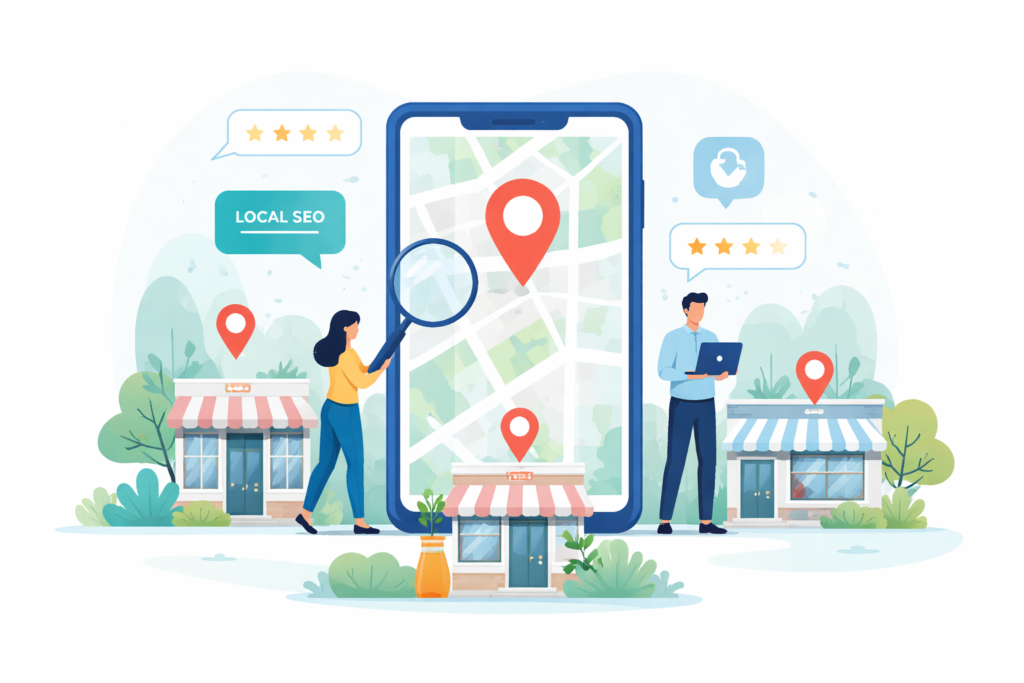 "Map highlighting nearby businesses to show why proximity matters in local SEO."