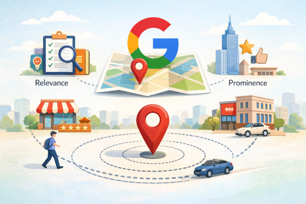 "Google map showing nearby businesses ranked by proximity in local search results."