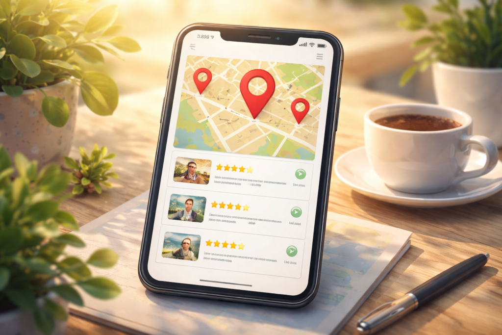 "Map highlighting businesses appearing in the Google Local Pack based on proximity."
