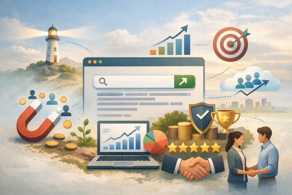 Simple visual of SEO helping a website reach more people through search.