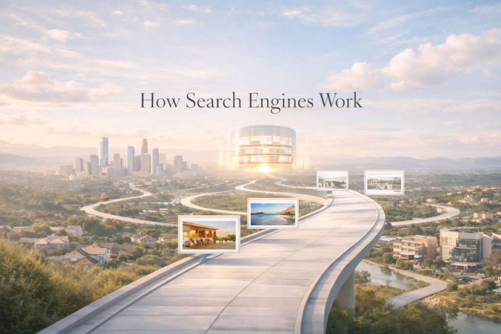 Graphic showing how search engines discover, index, and rank websites.