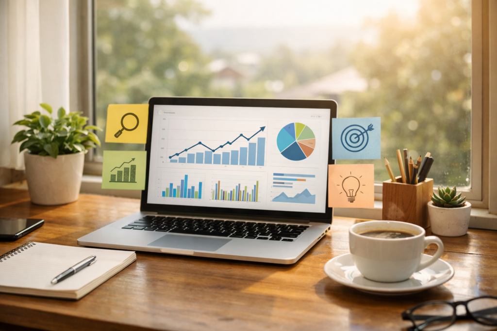 Illustration showing SEO strategies, keywords, and tips to rank on Google.