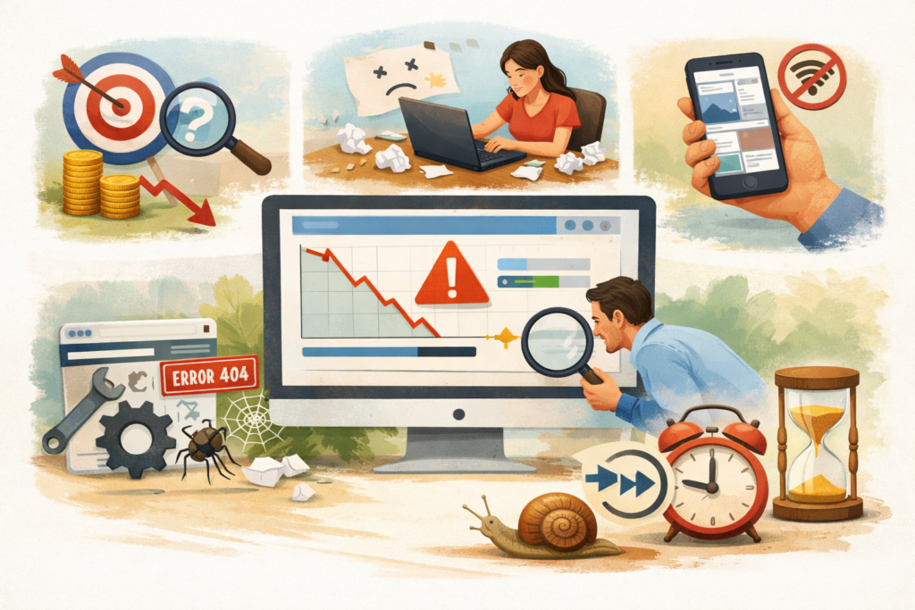 Illustration highlighting common SEO mistakes beginners should avoid.
