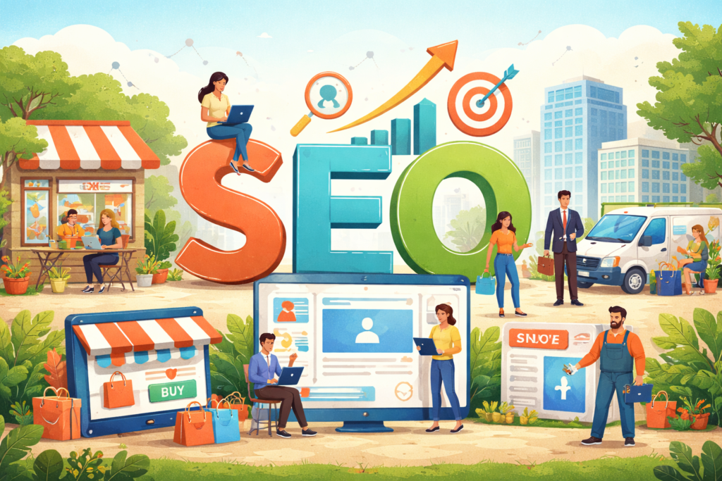 Illustration showing businesses and individuals benefiting from SEO strategies.