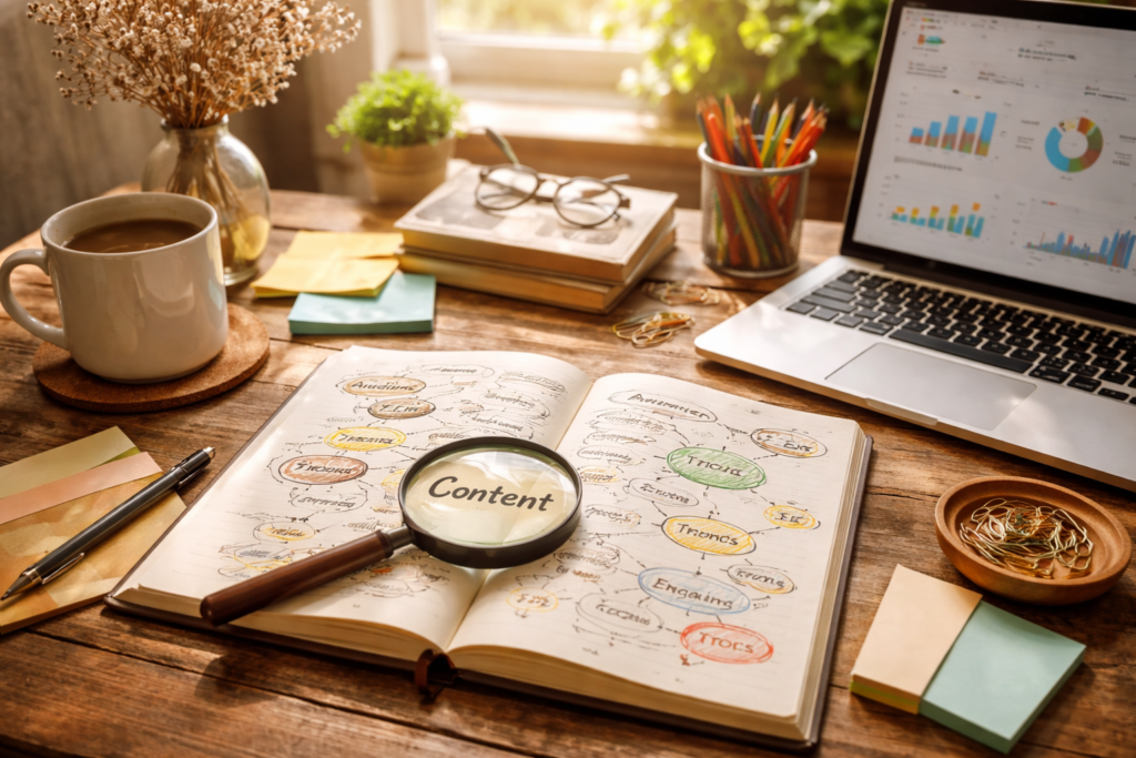 Cozy workspace with content planning tools