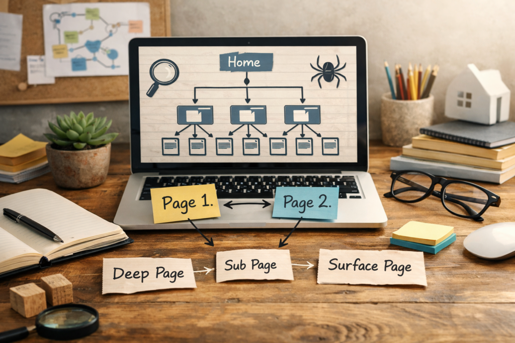 Website internal linking structure visualization on laptop