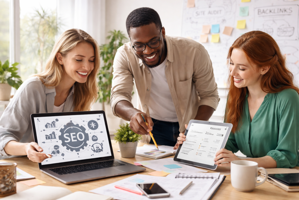 Team collaborating on website SEO analysis