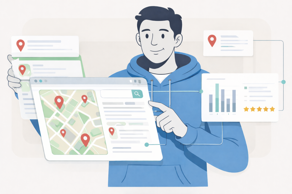 “Local keyword research process showing city-specific search terms and search volume data”