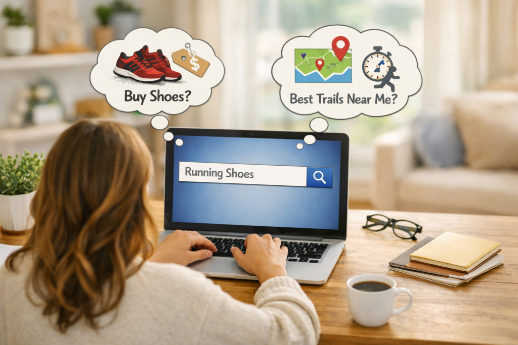 Woman comparing purchase vs local search intent