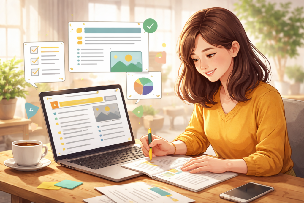 Woman organizing structured content on laptop