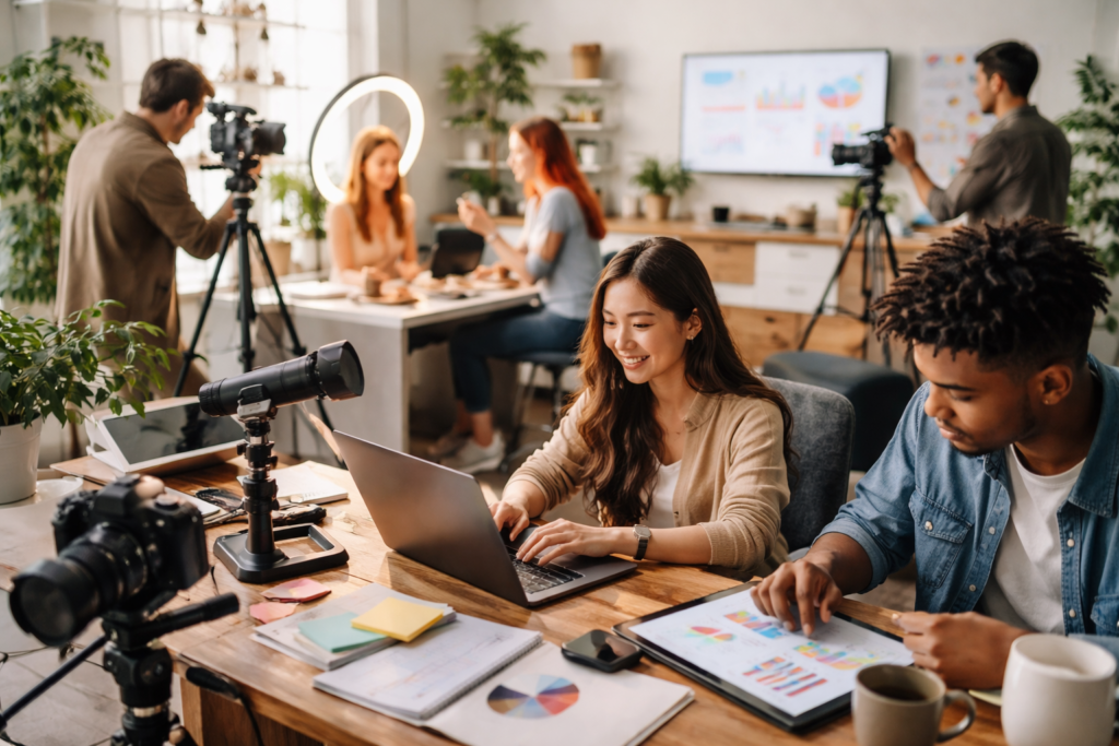Team collaborating on digital content creation workspace