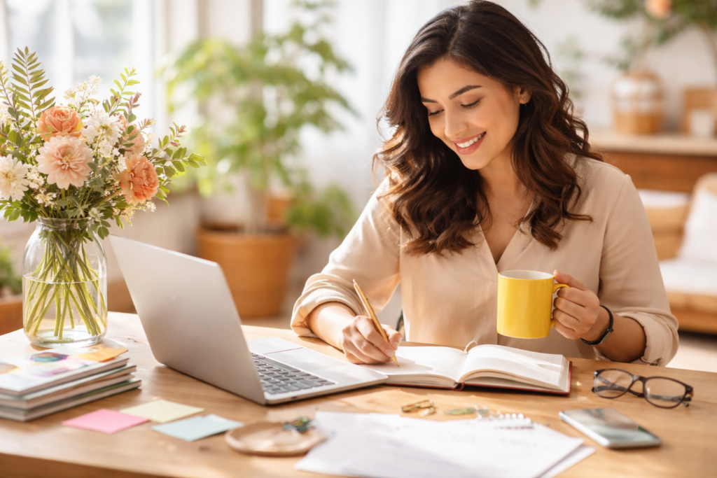 Smiling woman writing content on laptop