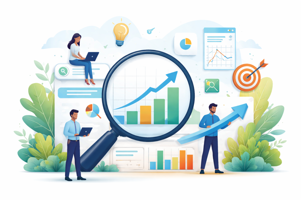 Search analytics growth shown with magnifying glass