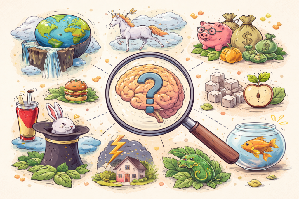 Magnifying glass over brain misconceptions concept