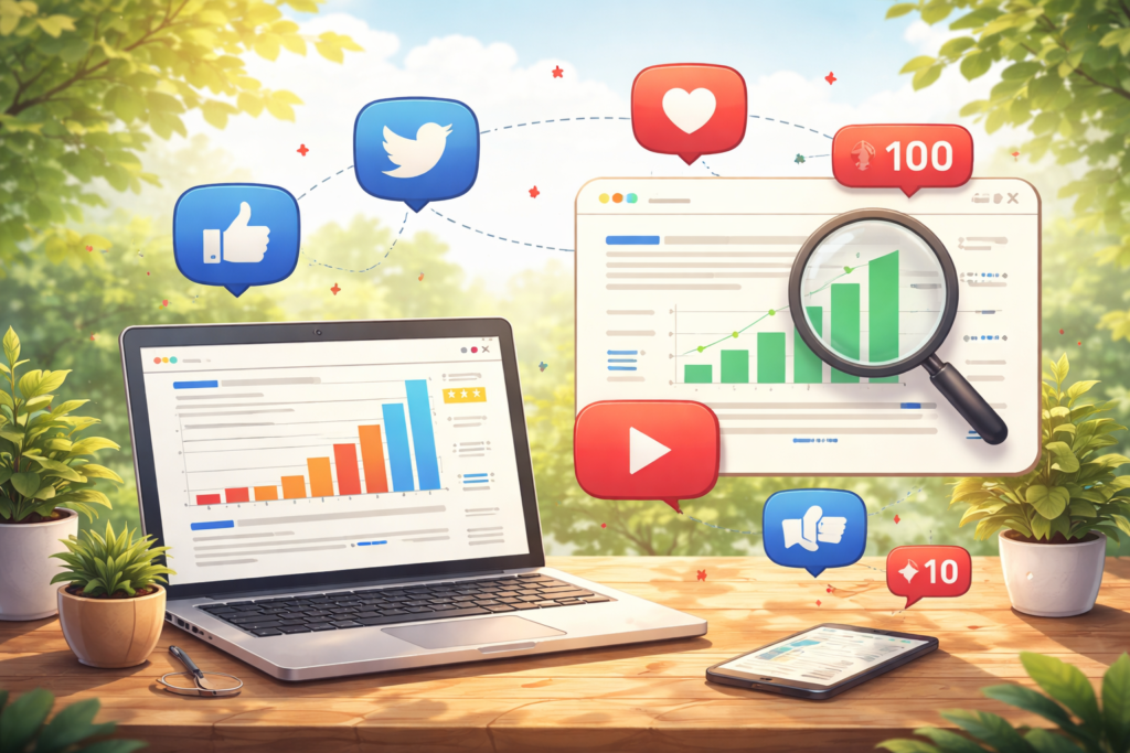 SEO analytics on laptop with social icons
