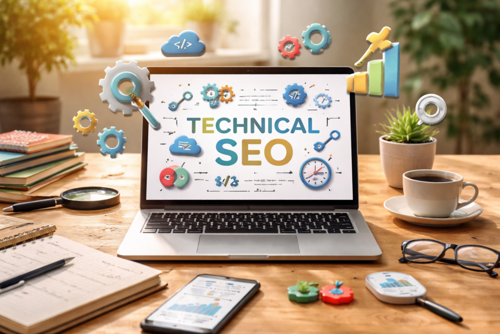Technical SEO workspace with analytics and tools