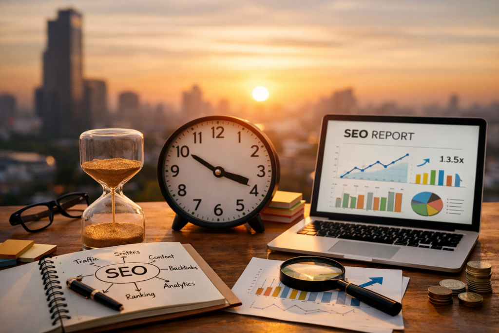 SEO growth timeline with analytics dashboard