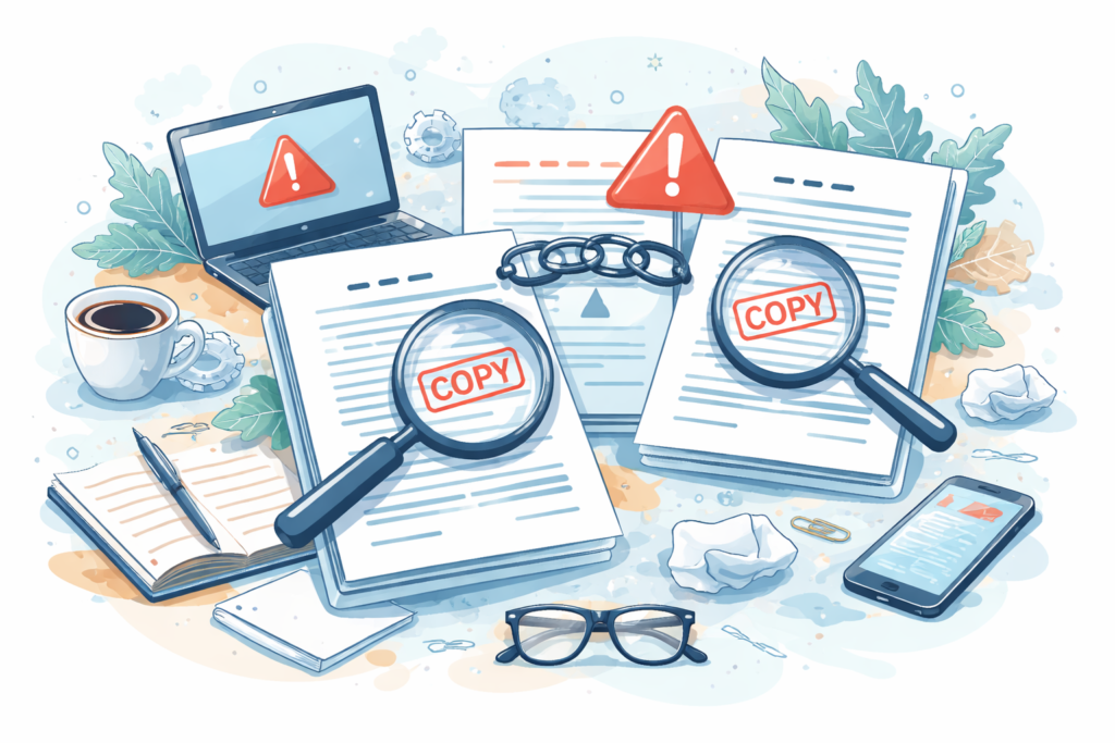 Magnifying glasses reviewing duplicate website content