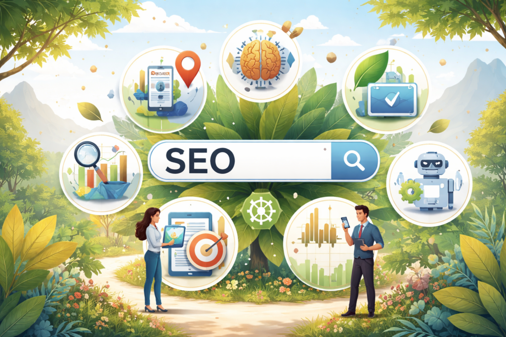 Natural landscape with SEO strategy icons
