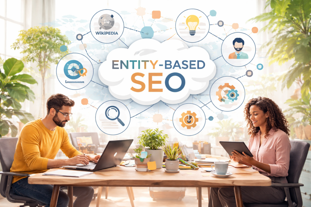Professionals analyzing interconnected SEO entities network