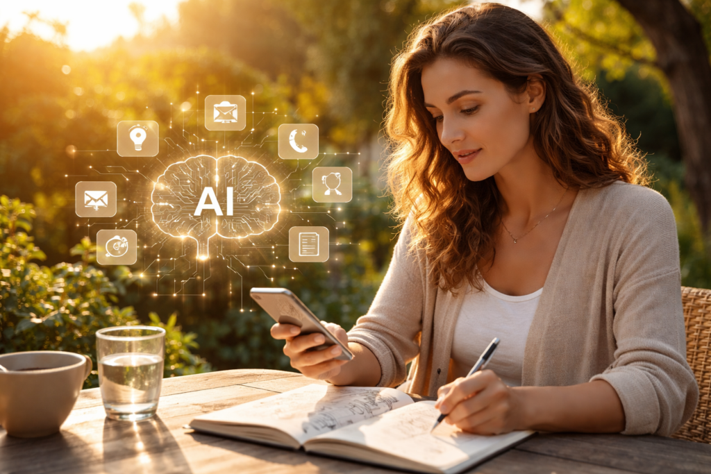 Woman using AI tools outdoors, focused study