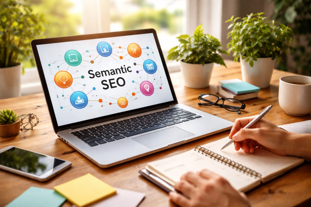 Professional workspace showing semantic SEO strategy