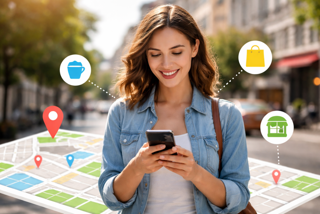 "Mobile search map showing nearby businesses prioritized by proximity."
