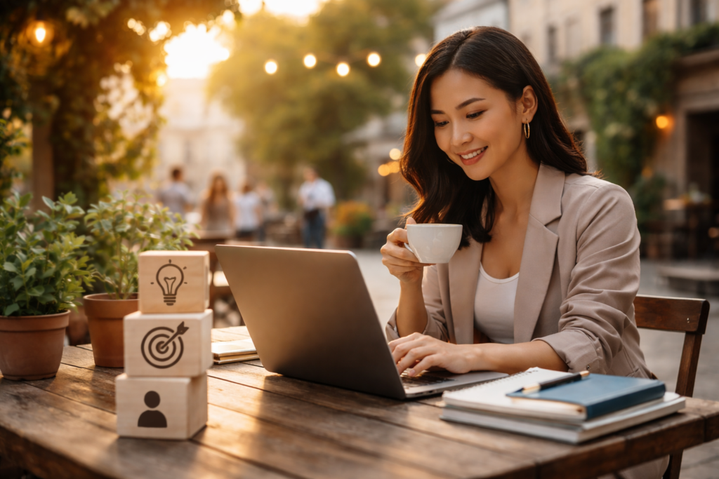 Professional woman building brand authority online