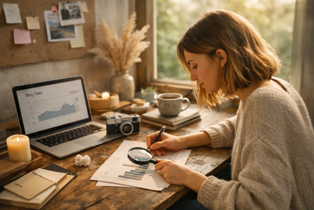 Woman analyzing blog statistics at desk