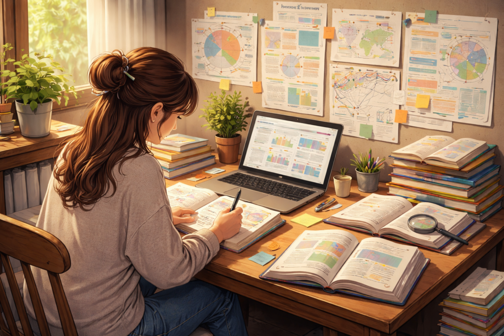 Focused writer researching with charts and notes