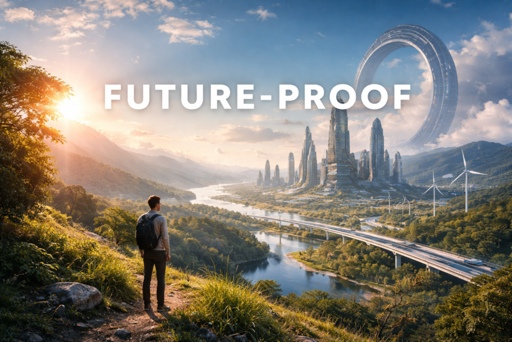 Future-ready cityscape blending nature and innovation