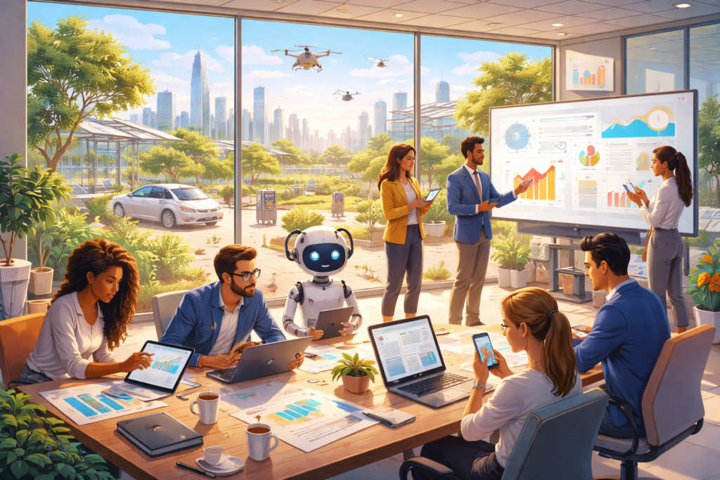 Future workplace team analyzing digital business strategy